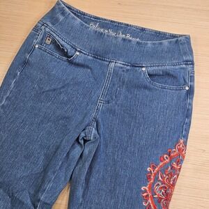 Belle by Kim Gravel Jeans Womens 10 Blue Floral Embroidered Pull On Straight Leg